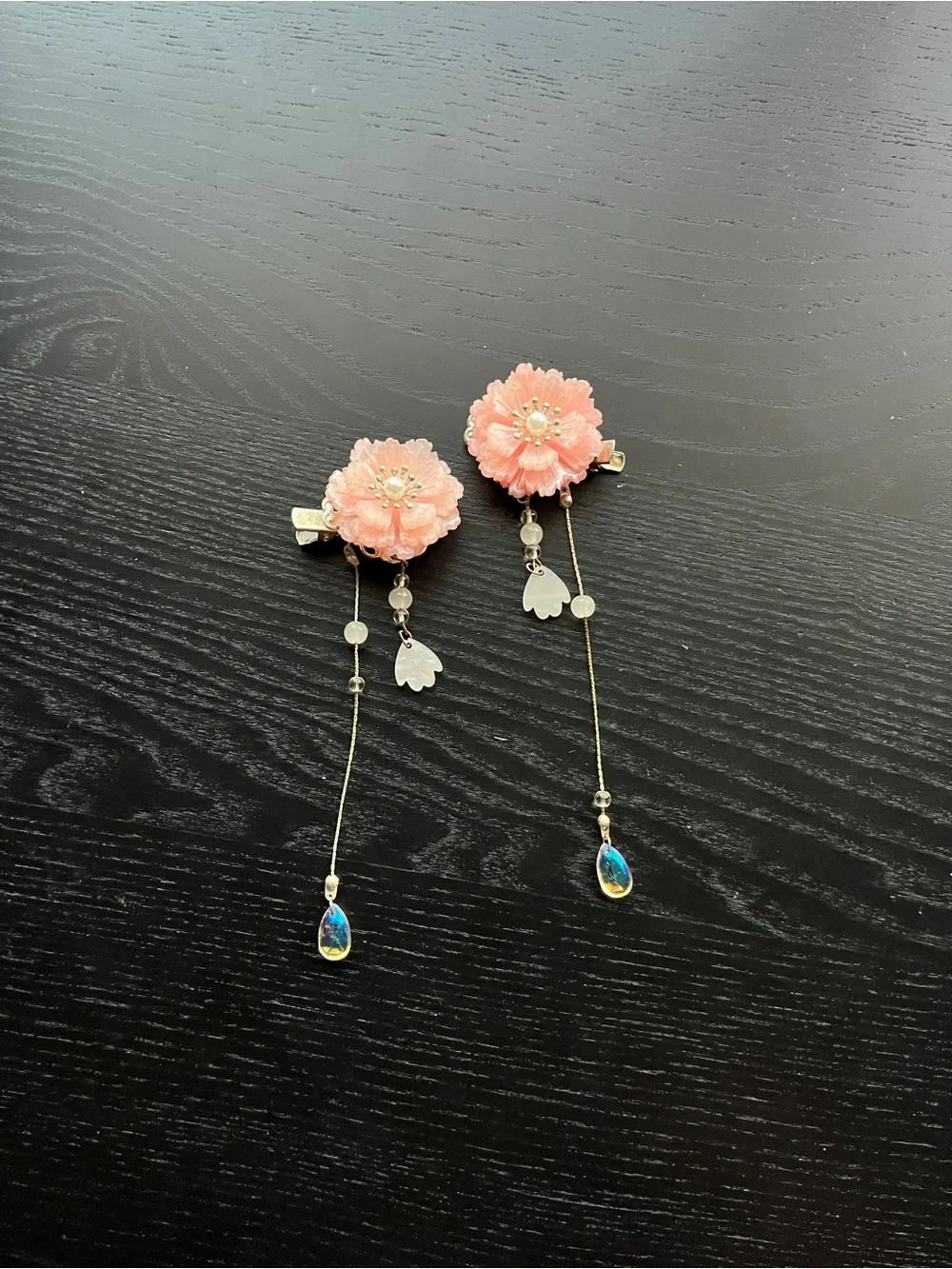 Pink Floral Tassel Hair Clips with Pearl and Teardrop Charms 2pc Set